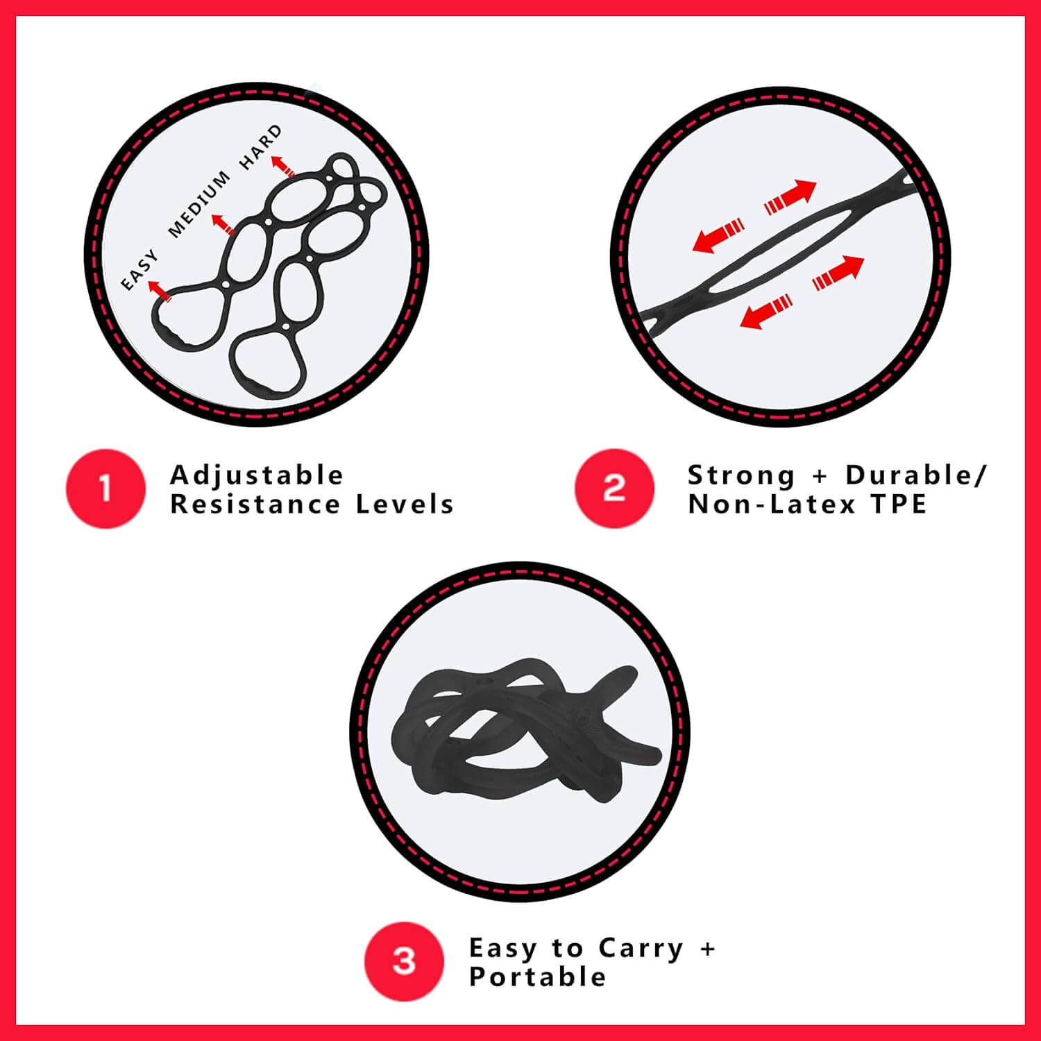 Herbionyx FlowBands features: adjustable resistance levels, durable non-latex TPE material, and portable design for easy workouts.