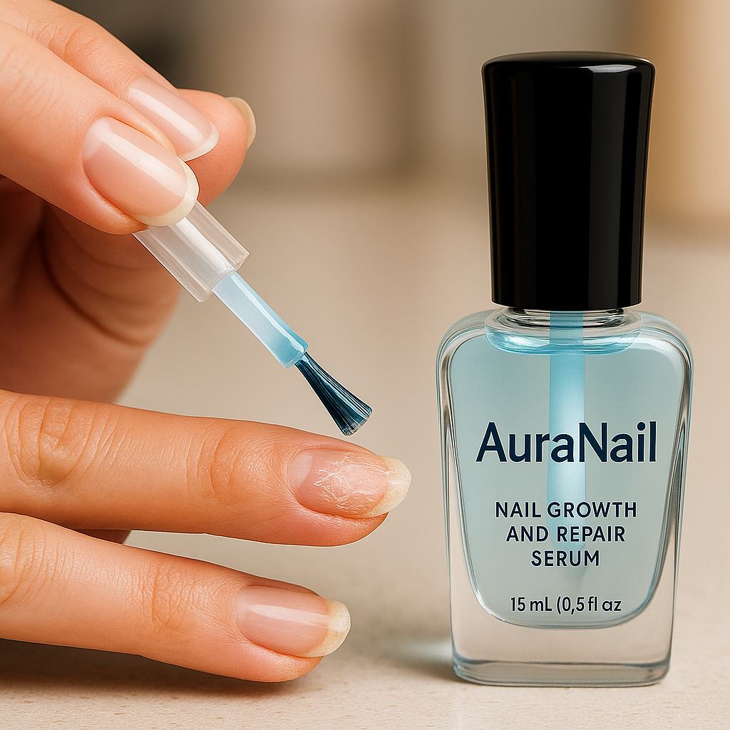AuraNail Nail Growth and Repair Serum with brush applicator for stronger, smoother nails.