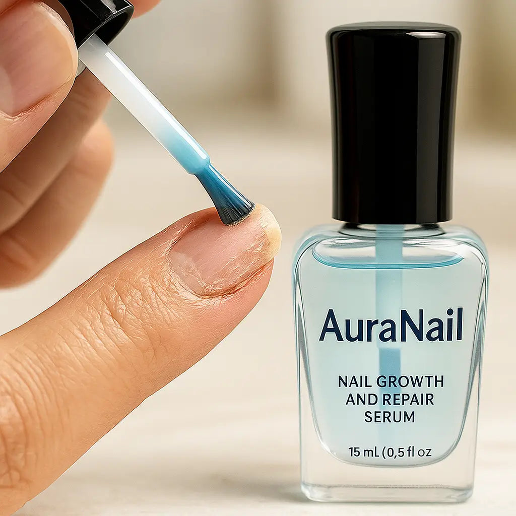 AuraNail nail growth and repair serum being applied to a finger for healthier, stronger nails.