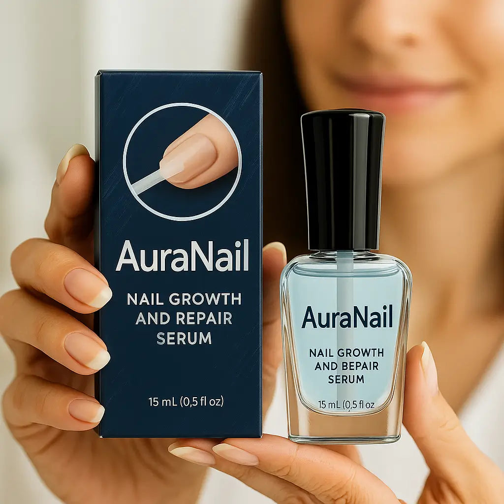 AuraNail Nail Growth and Repair Serum in hand, promoting stronger and healthier nails naturally.