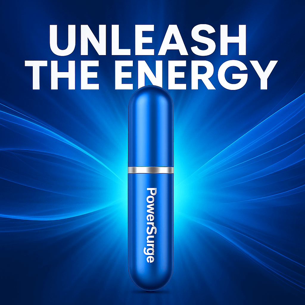 PowerSurge energy supplement capsule with blue background, promoting sustained vitality and mental focus.