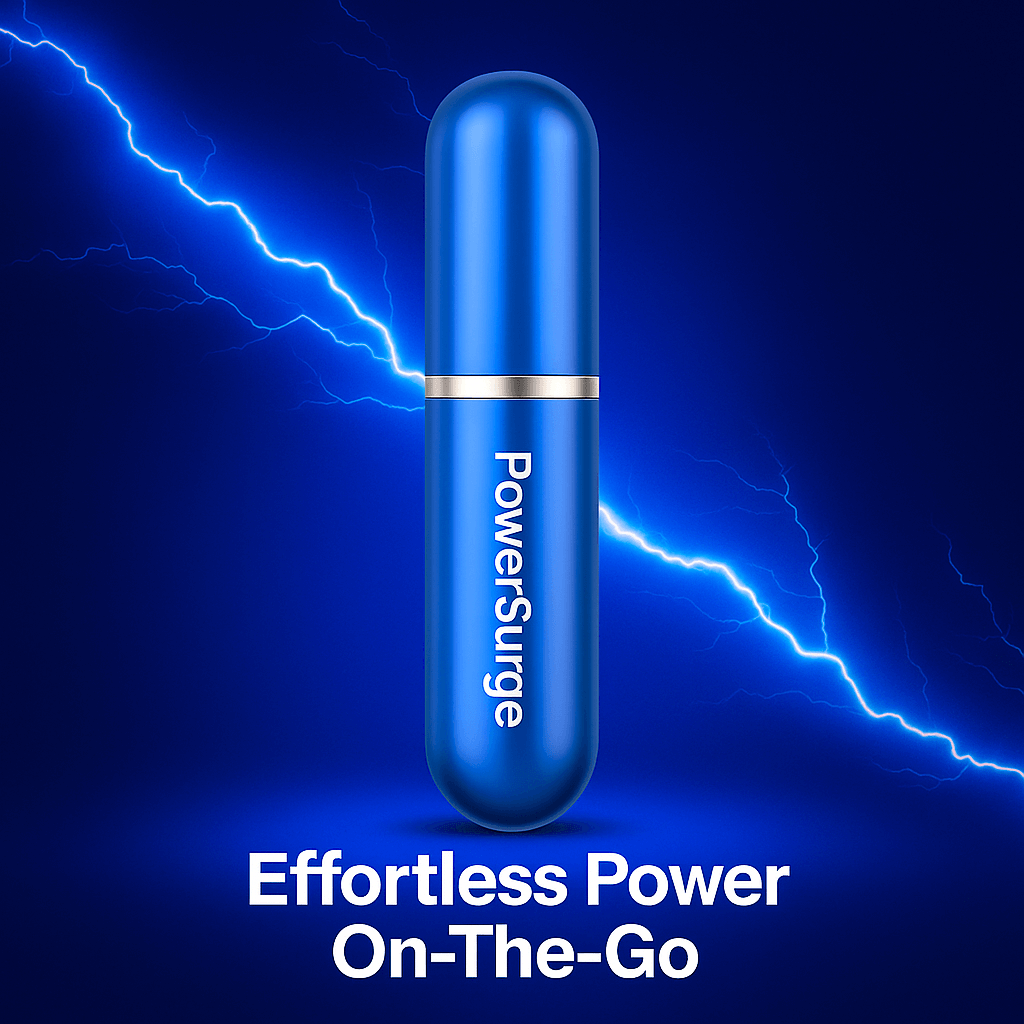 PowerSurge energy supplement capsule with blue design, promoting effortless power on-the-go, ideal for men's vitality.