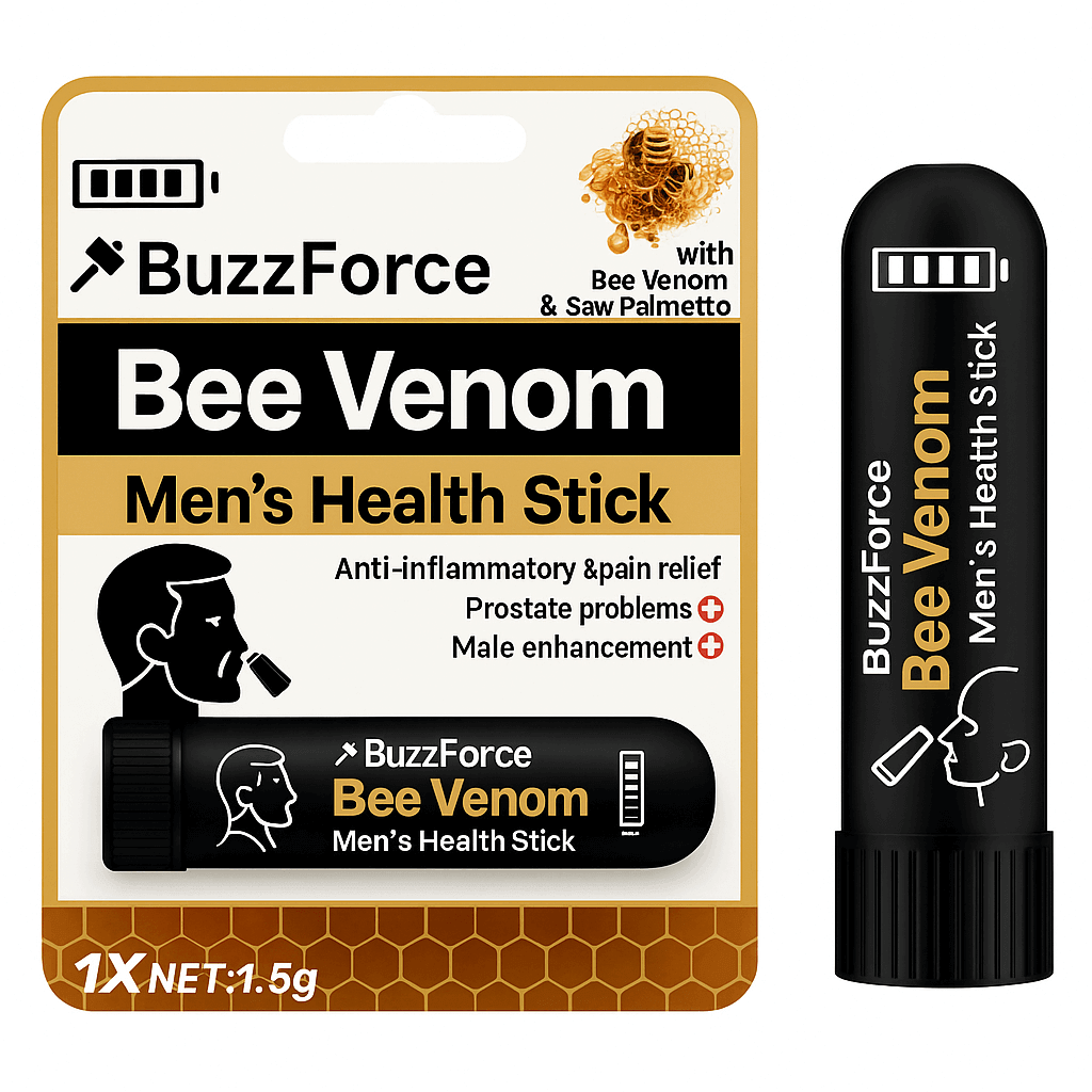 BuzzForce Bee Venom Men's Health Stick, a portable applicator for prostate comfort and intimate wellness.
