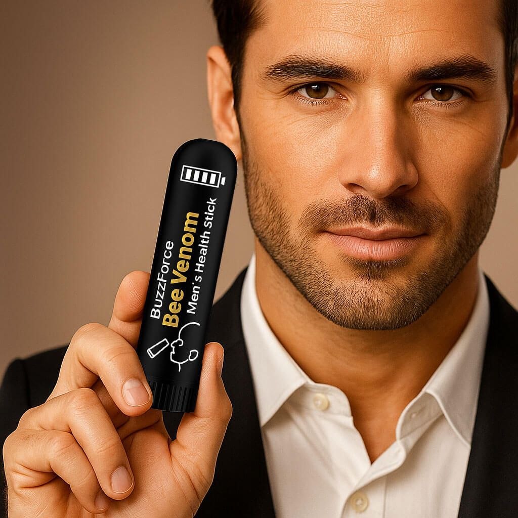 BuzzForce bee venom men's health stick held by a man, promoting prostate comfort and energy boost.