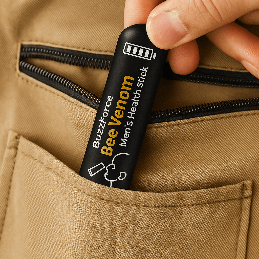 BuzzForce Bee Venom Men's Health Stick being placed in a pocket, highlighting its portable design.