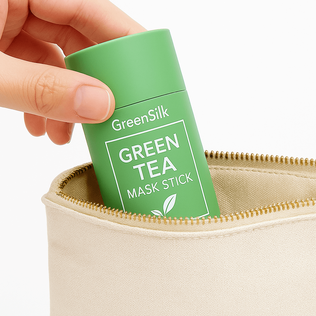 GreenSilk green tea mask stick being taken from a portable bag for on-the-go skincare.