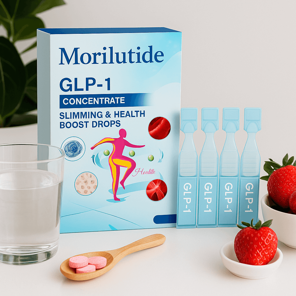 Morilutide GLP-1 slimming drops packaging with pink tablets and glass of water, promoting metabolic wellness and appetite control.