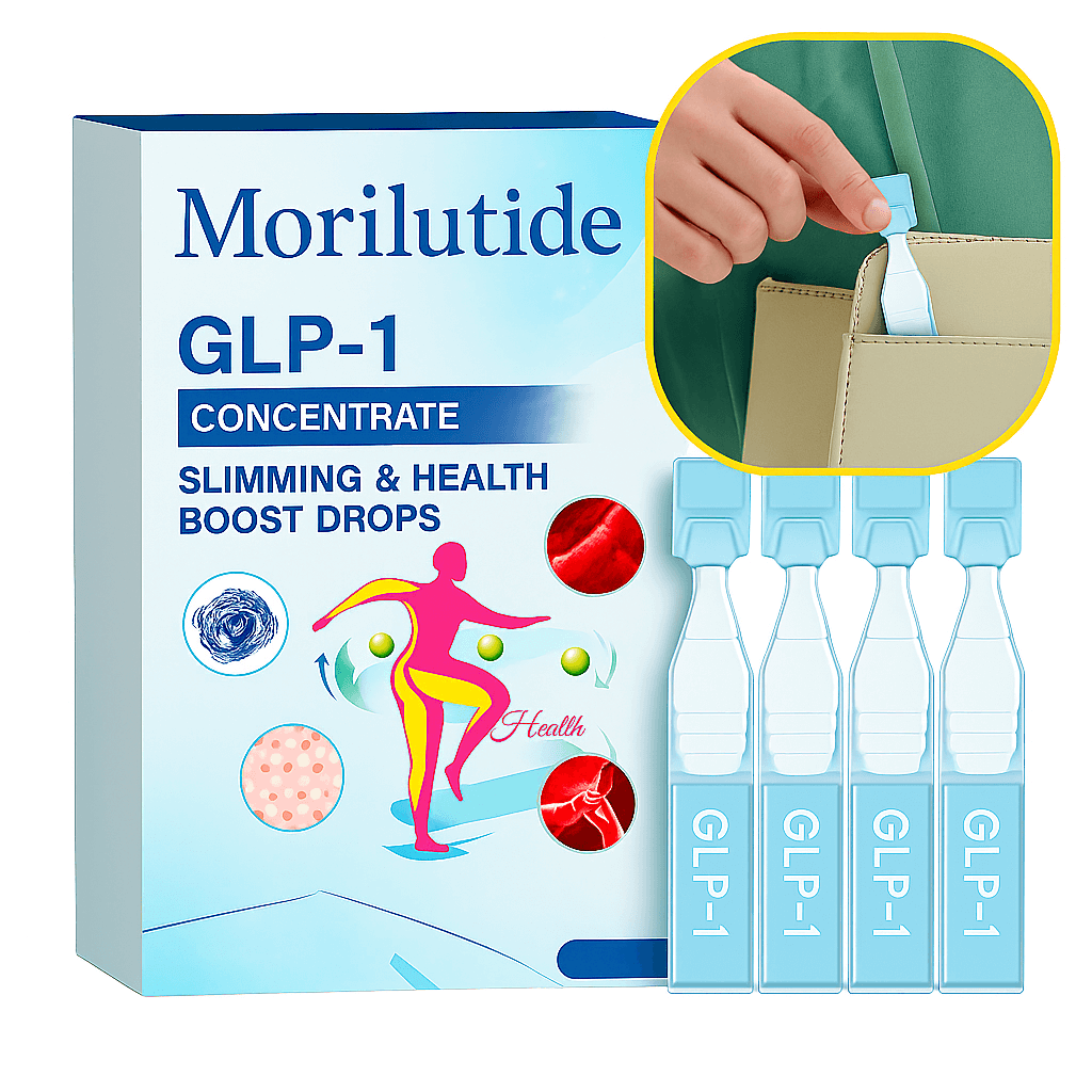 Morilutide GLP-1 concentrate slimming drops packaging with liquid vials, promoting health and appetite management.