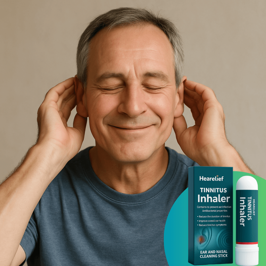 Man enjoying relief with HeaRelief Tinnitus Inhaler, an ear and nasal cleaning stick for easier breathing.