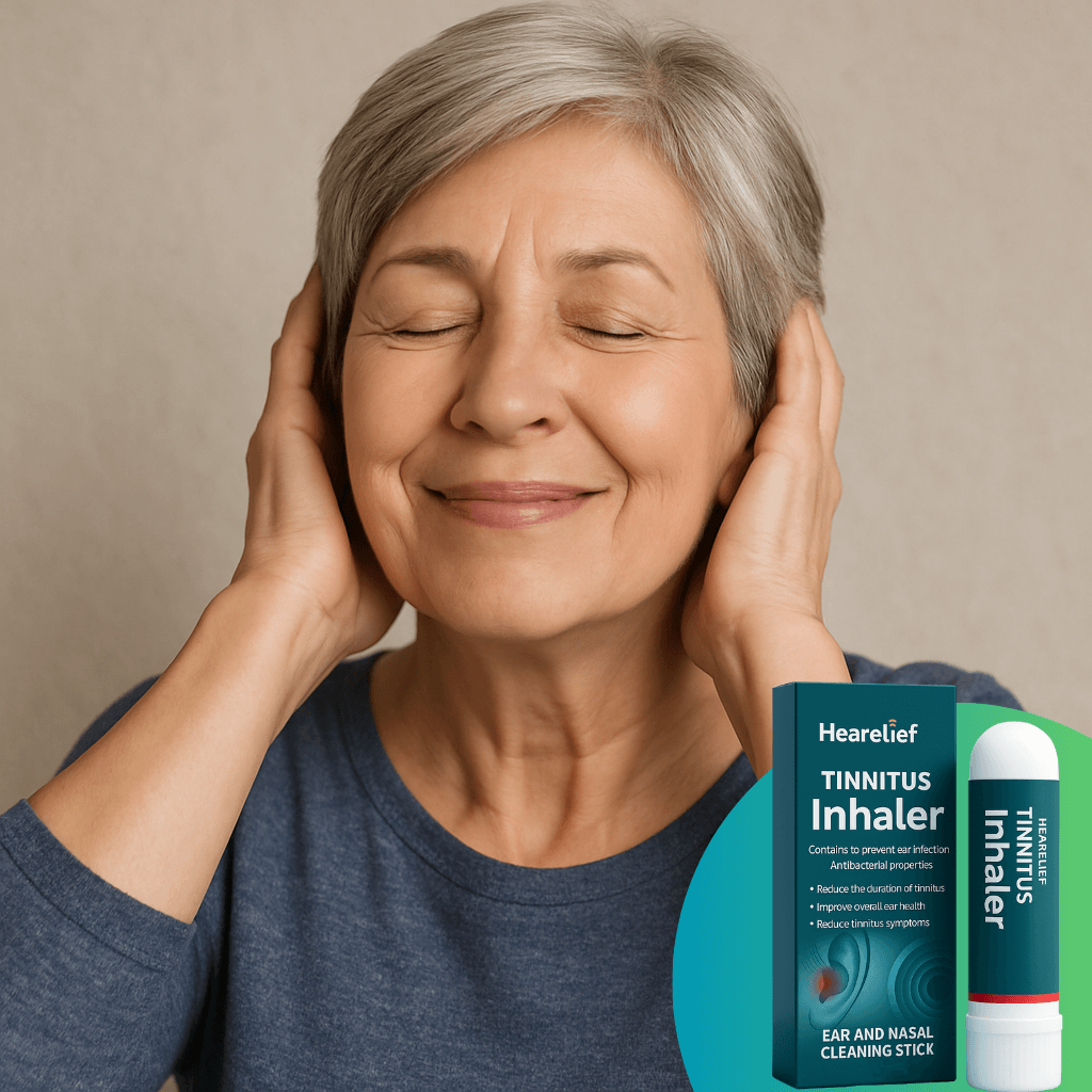 Woman enjoying ear and nasal relief with HeaRelief Tinnitus Inhaler, promoting hygiene and freshness.