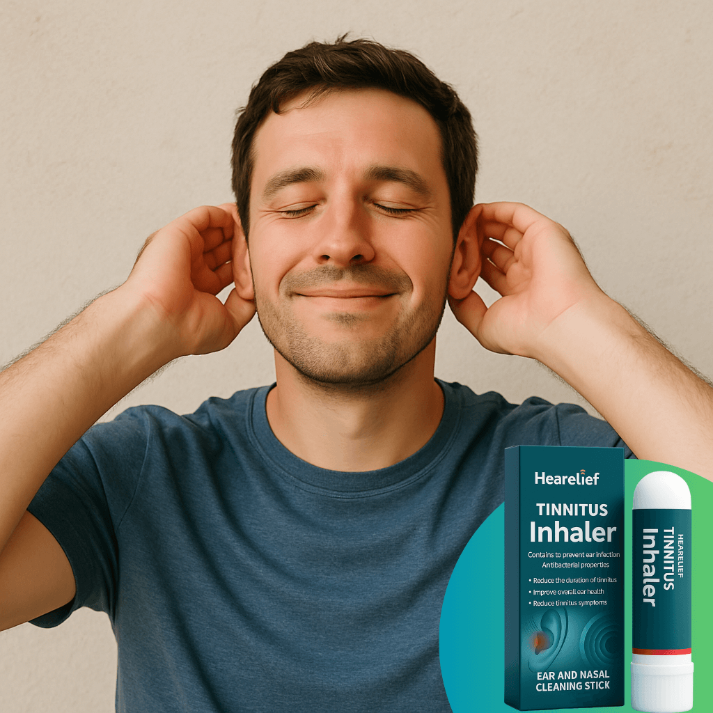 Man enjoying the benefits of HeaRelief Tinnitus Inhaler, an ear and nasal cleaning stick for hygiene.