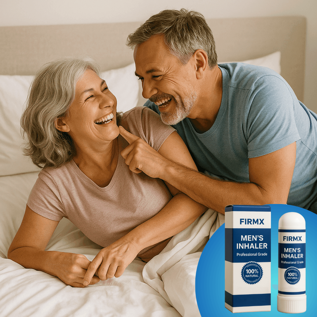 Happy couple enjoying life together with FirmX Men's Inhaler on bedside table, promoting natural performance support.