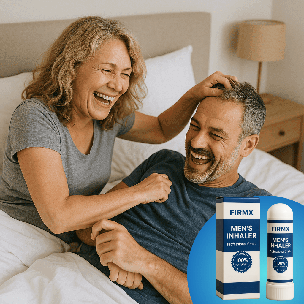 Couple laughing in bed with FirmX Men's Inhaler product displayed, showcasing confidence and natural support.