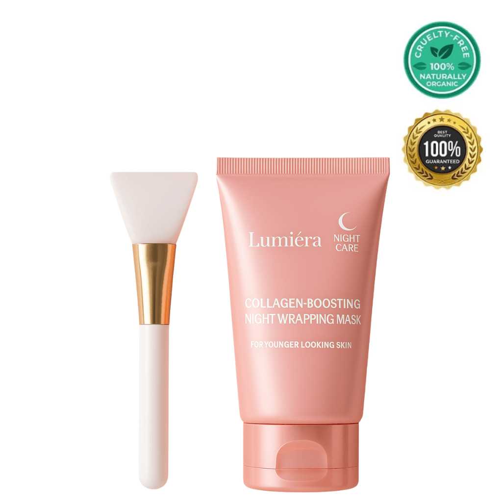 Lumiéra Collagen-Boosting Night Mask and silicone applicator brush for younger-looking skin.