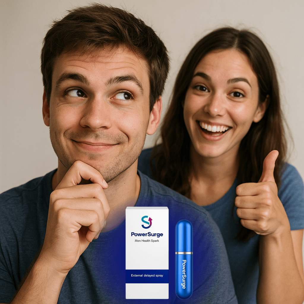 Happy couple showcasing PowerSurge energy supplement for men with sustained vitality and mental focus.