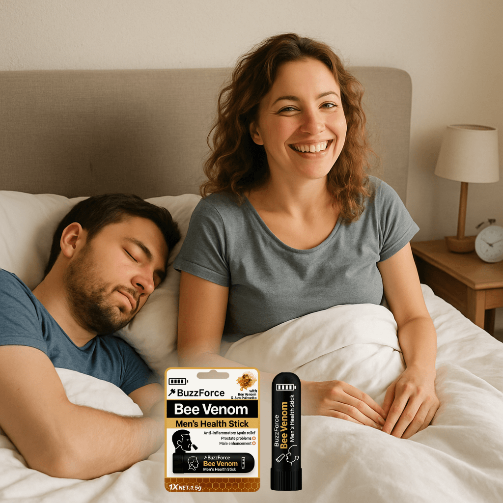 BuzzForce Bee Venom men's health stick displayed with a couple in bed promoting prostate comfort and intimacy.