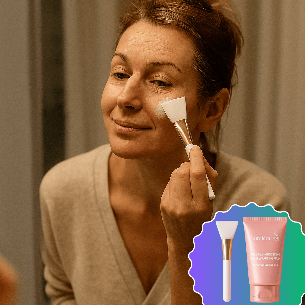 Woman applying Lumiéra Mask Cream with silicone brush for spa-like skincare at home.
