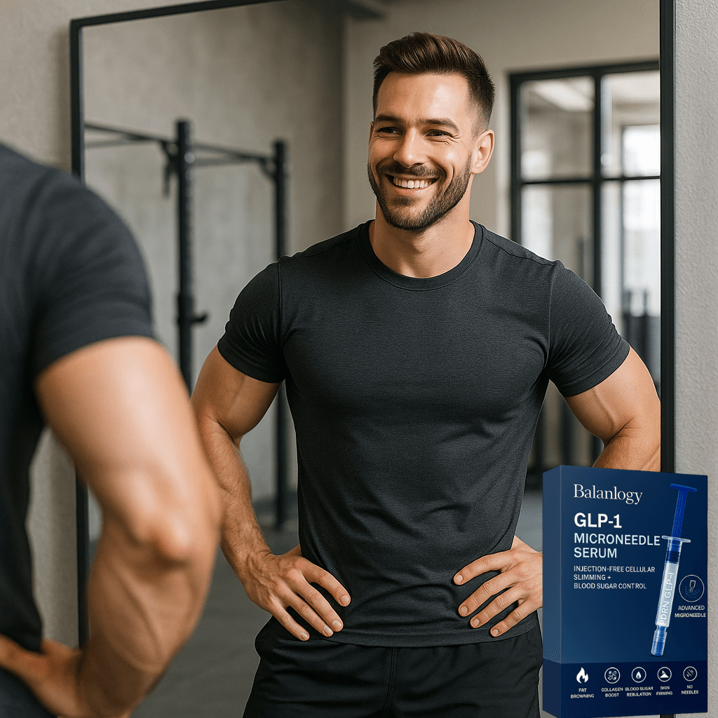 Man smiling in gym mirror with Balanlogy GLP-1 Microneedle Serum displayed, showcasing skincare innovation.