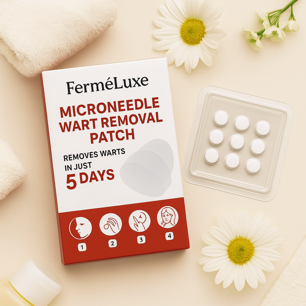 FerméLuxe Microneedle Wart Removal Patch box with patches, effective wart treatment in just 5 days on a neutral background.
