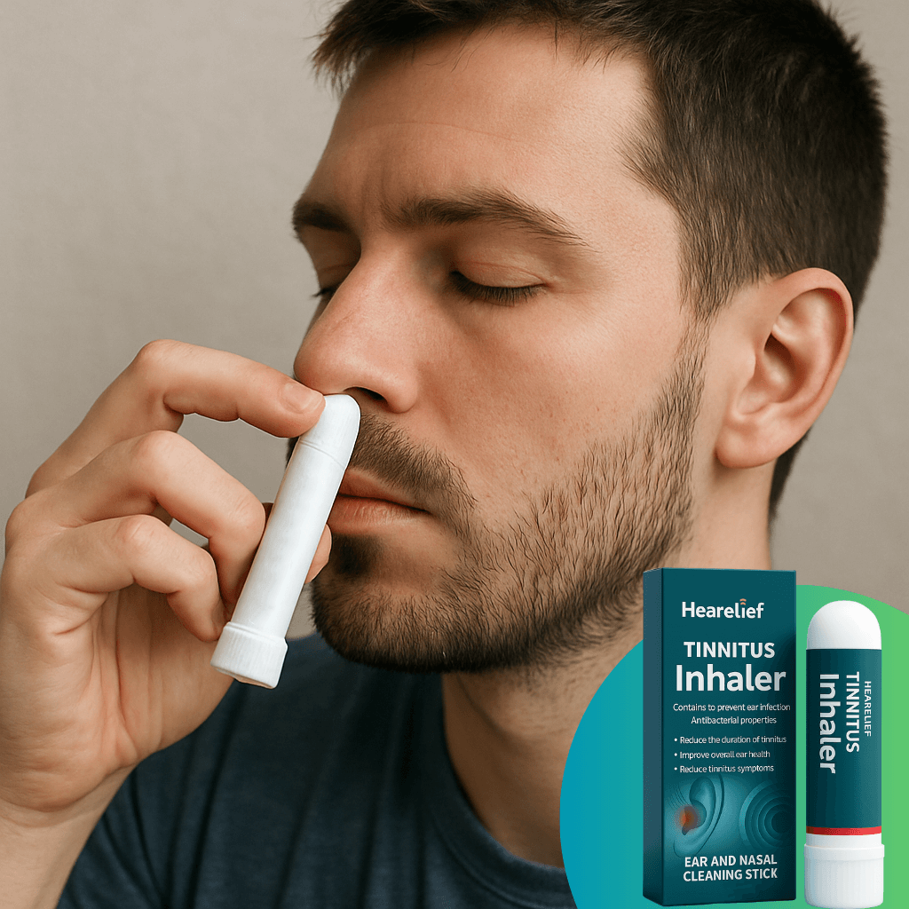 Man using HeaRelief nasal inhaler for earwax and nasal passage cleaning, with product packaging visible.