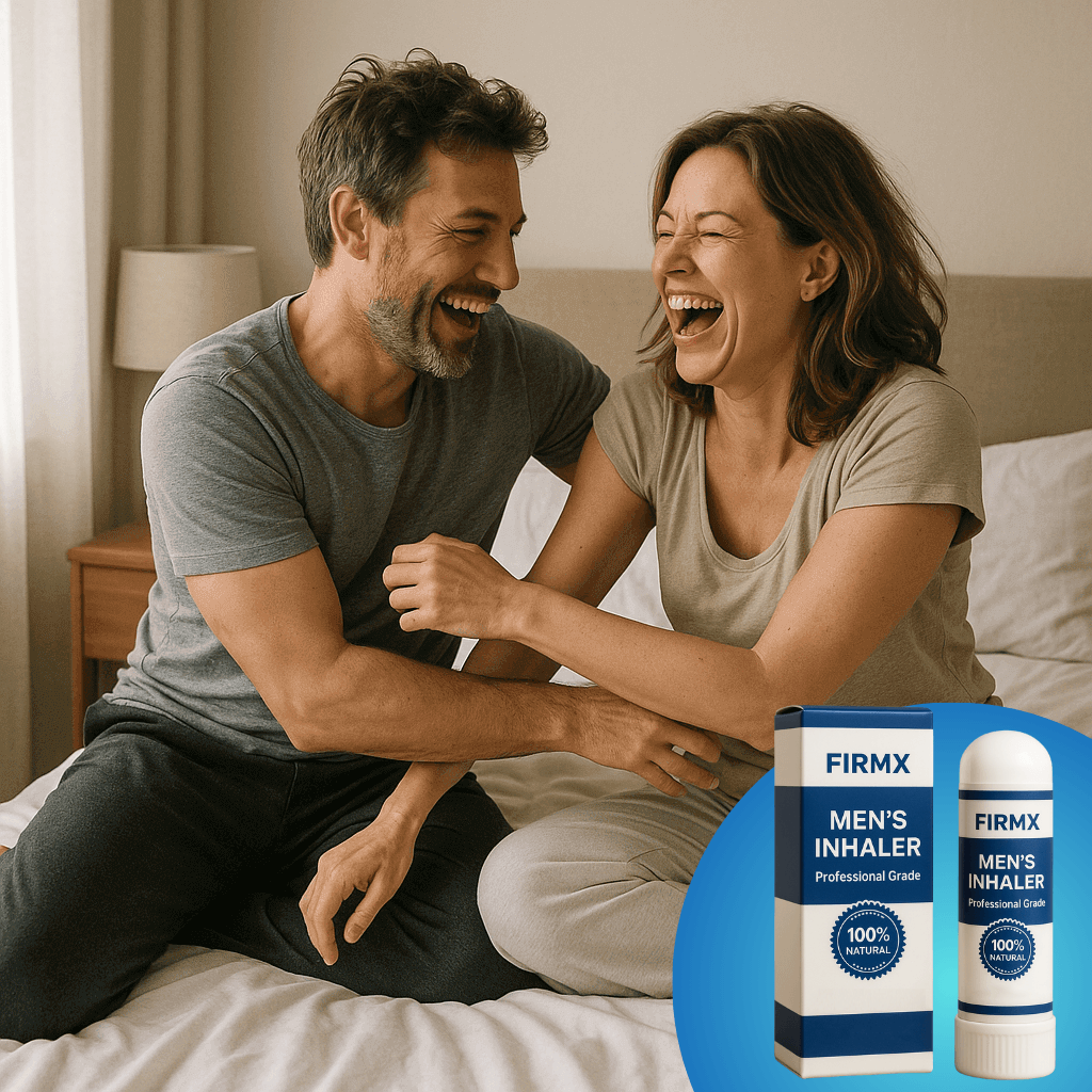 Couple laughing on a bed with FirmX Men's Inhaler product beside them, highlighting natural male performance support.