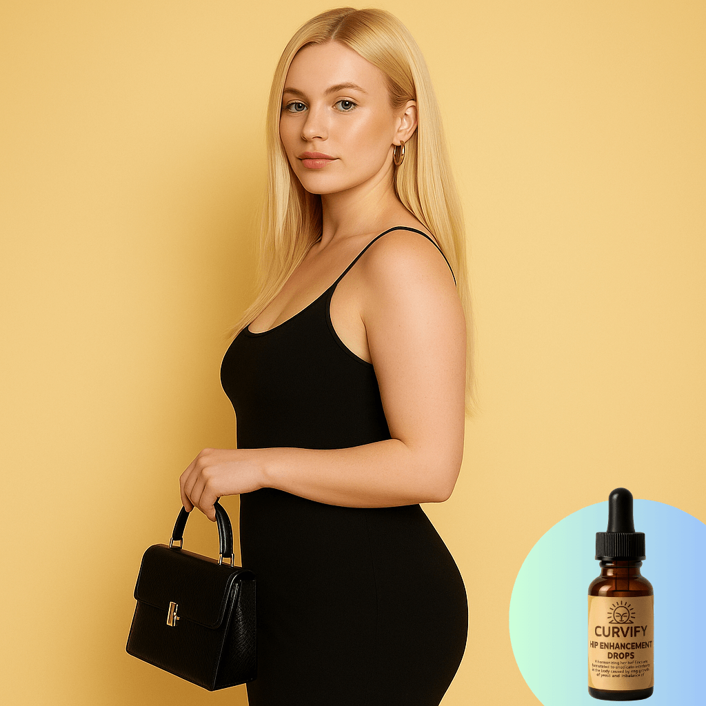 Curvify Hip Enhancement Drops showcased with a stylish model, highlighting natural curves and enhanced body contouring.