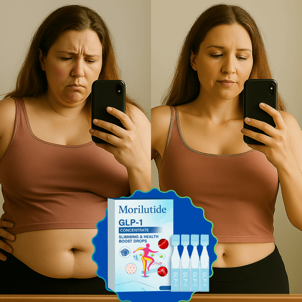 Before and after photo showing weight loss results with Morilutide Slimming Drops; supports appetite control and boosts metabolism.
