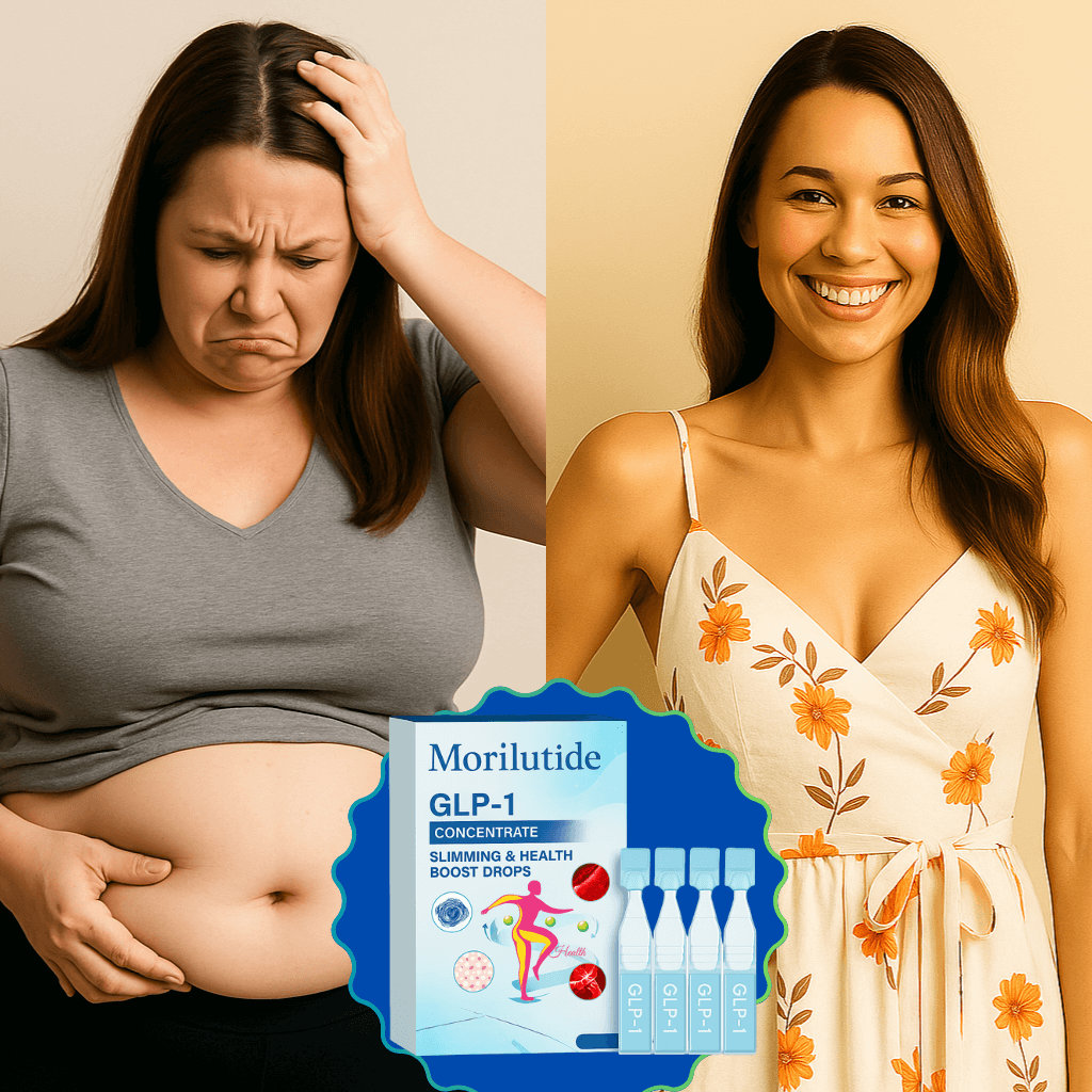 Before and after using Morilutide Slimming Drops; showcasing appetite control and enhanced wellness.