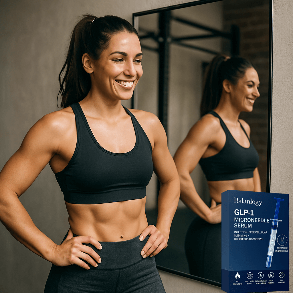 Woman smiling in athletic wear beside mirror, featuring Balanlogy GLP-1 Microneedle Serum for skin health.