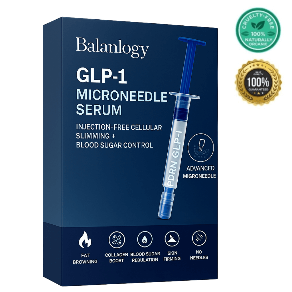 Balanlogy GLP-1 Microneedle Serum box for skin slimming, collagen boost, and blood sugar control, cruelty-free and organic.