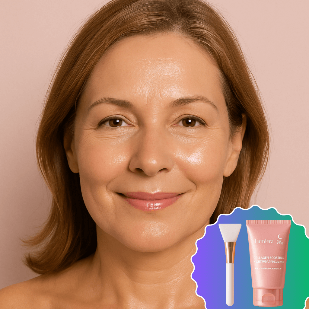Close-up of a woman with glowing skin using Lumiéra Mask Cream and brush, showcasing radiant skincare results.