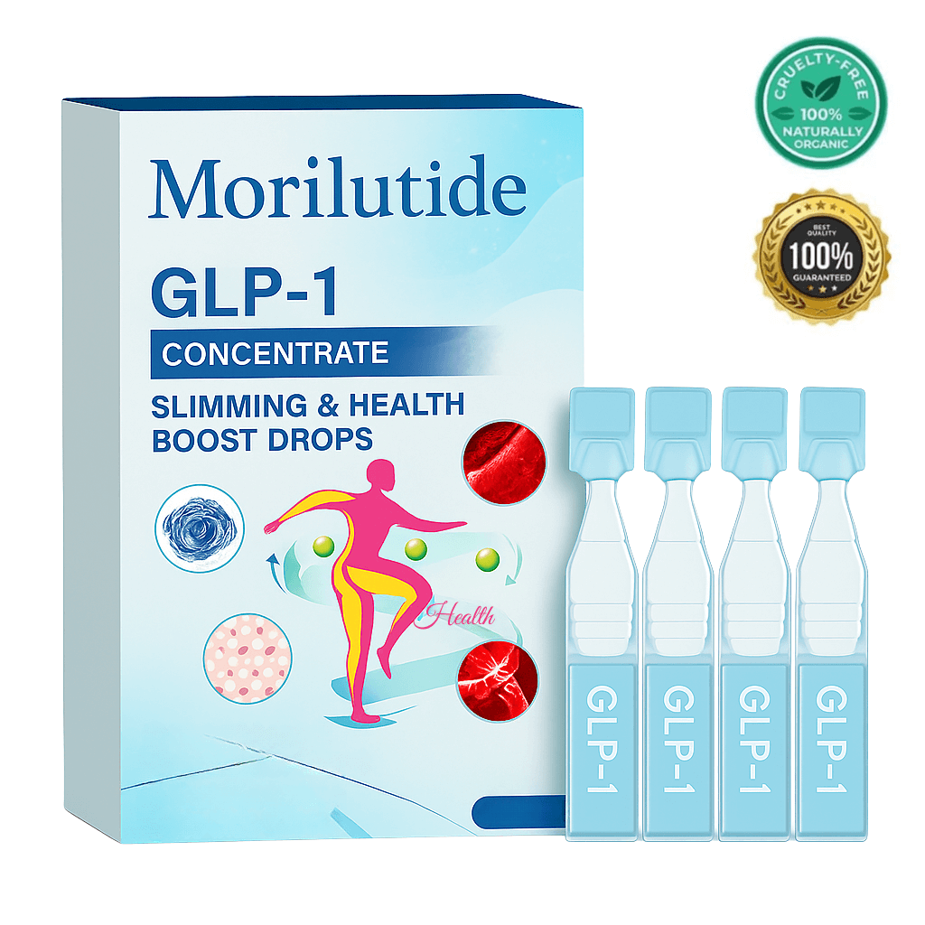 Morilutide GLP-1 Slimming Drops packaging with four droppers, promoting appetite regulation and metabolism boost.
