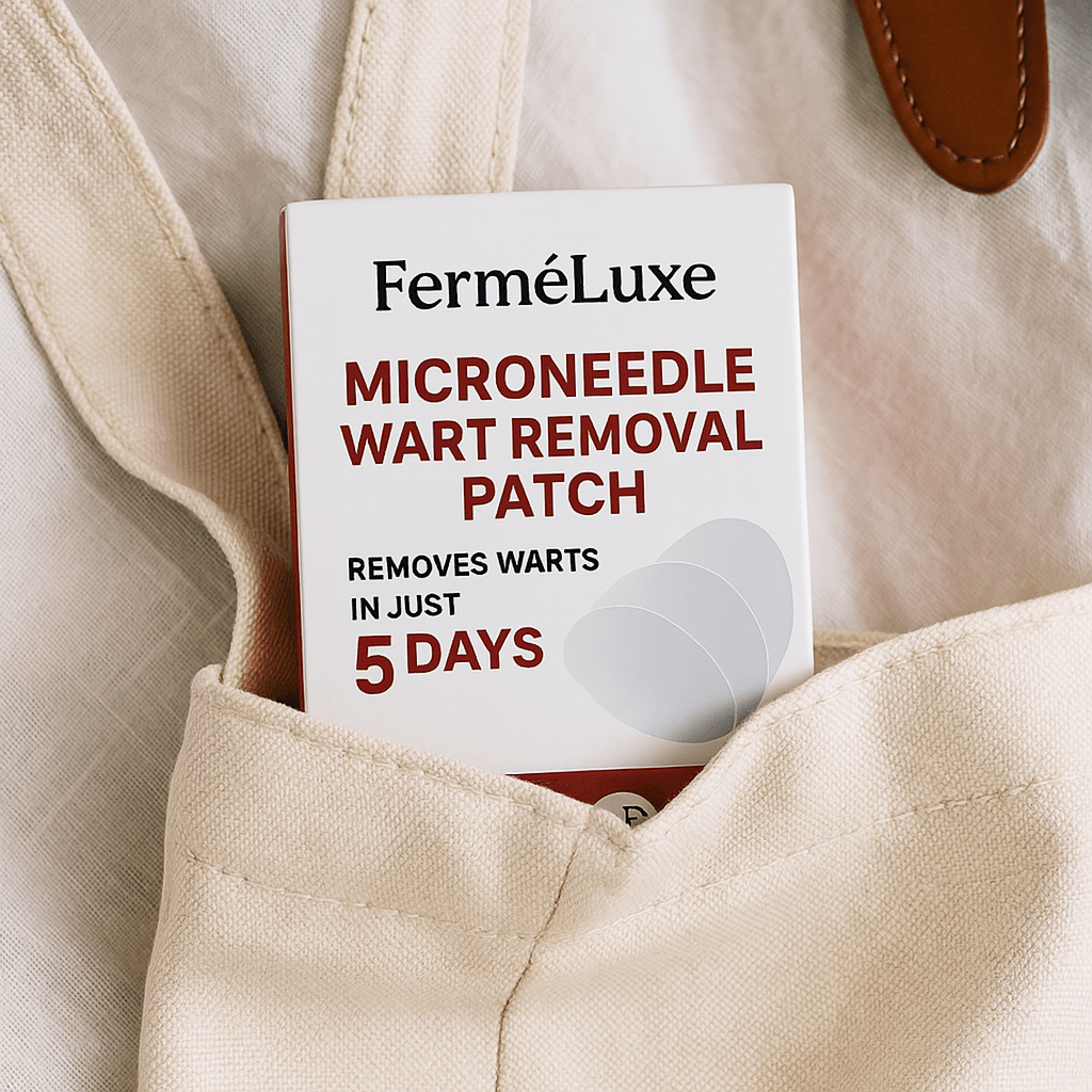 FerméLuxe microneedle wart removal patch in a canvas bag pocket, promising wart removal in just 5 days.