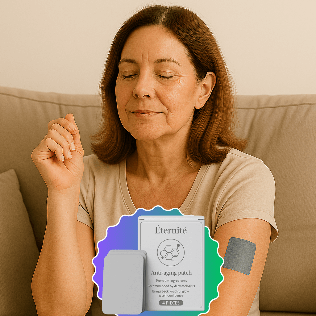 Woman using Éternité anti-aging patch on her arm, promoting skin rejuvenation and hydration.