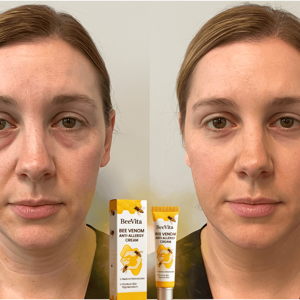 Before and after comparison of skin using BeeVita Anti-Allergy Cream with product packaging visible.