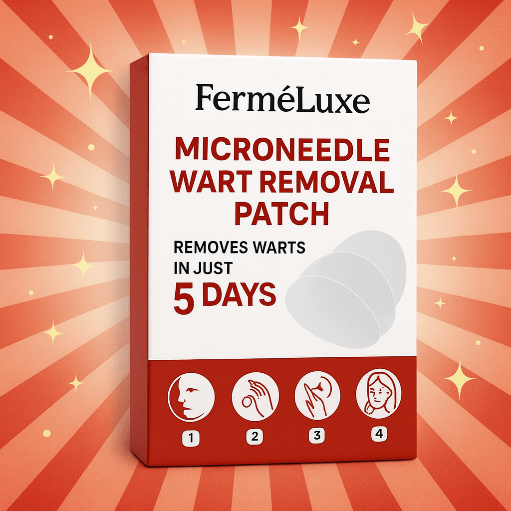 FerméLuxe Microneedle Wart Removal Patch package, promising wart removal in 5 days with innovative technology.