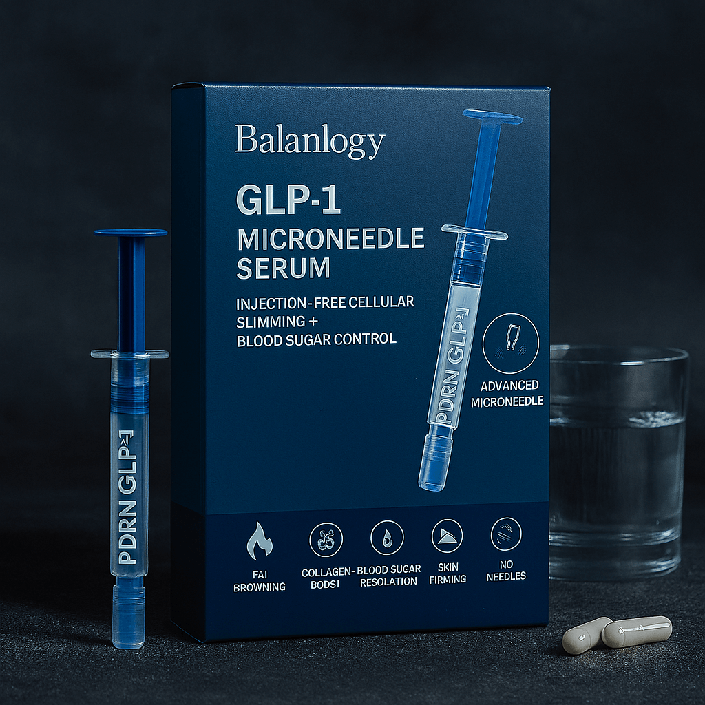 Balanlogy GLP-1 Microneedle Serum for slimming, blood sugar control, and skin firming in a sleek packaging.