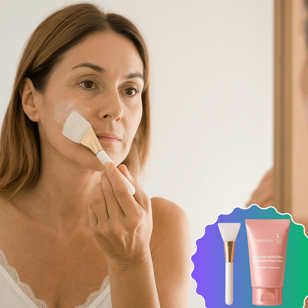 Woman applying Lumiéra Mask Cream with silicone brush for spa-level skincare at home.