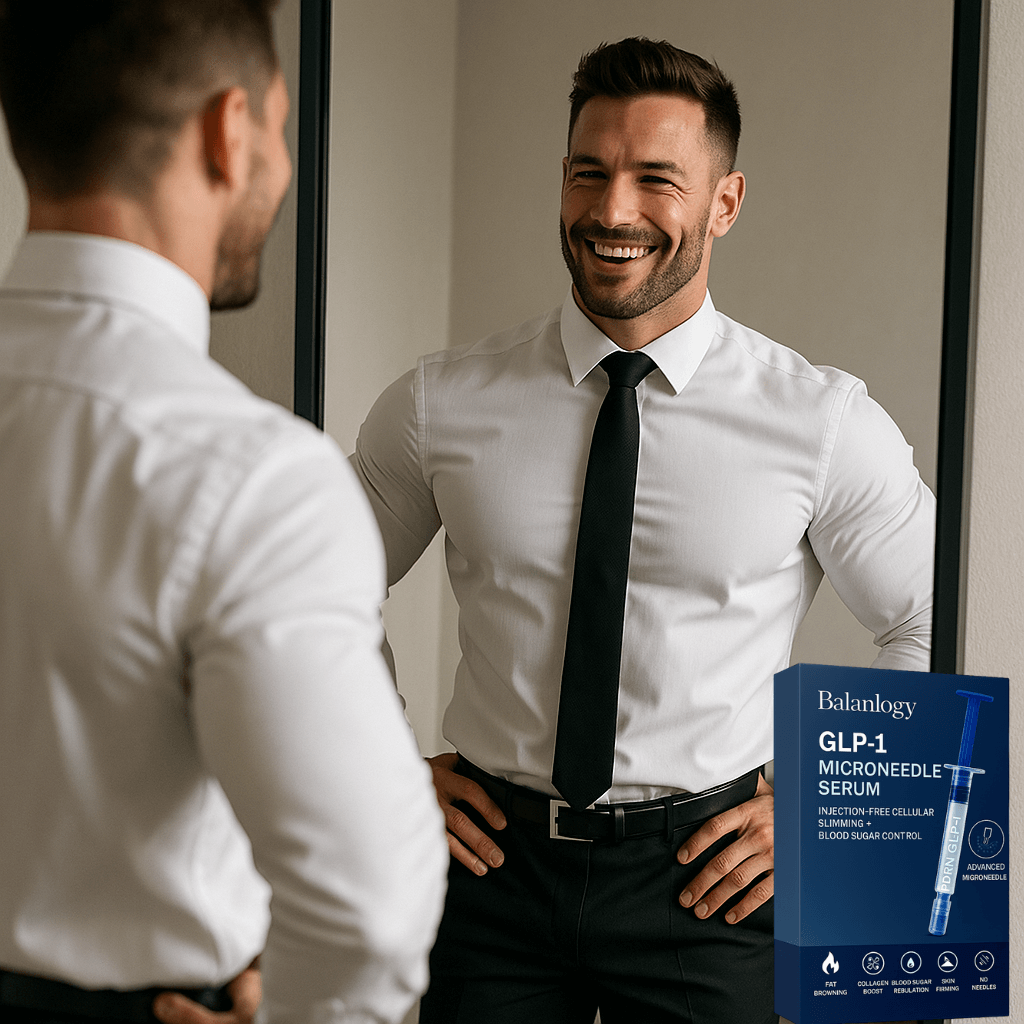 Man smiling in mirror holding Balanlogy SLIM Serum, showcasing skincare innovation for tissue health and elasticity.