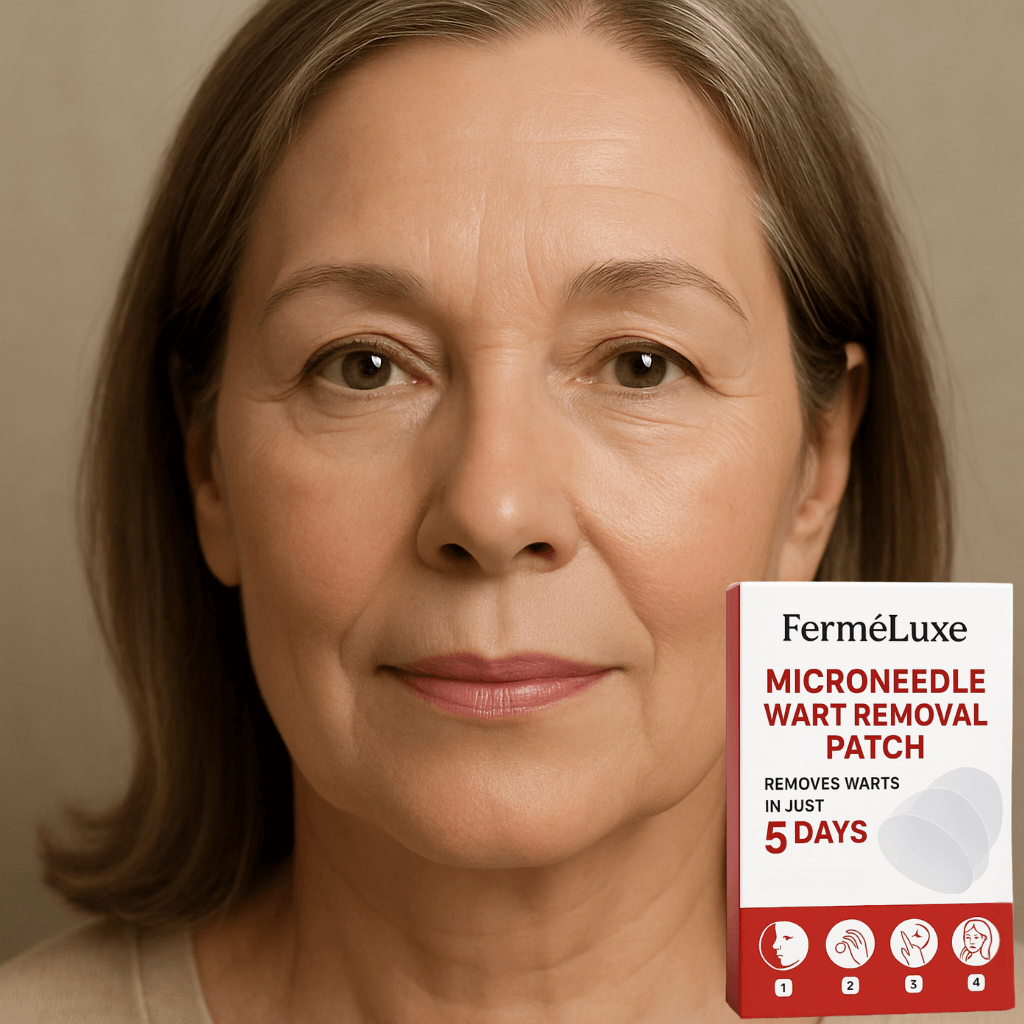 FerméLuxe Microneedle Wart Removal Patch displayed next to a mature woman, effective wart treatment in 5 days.