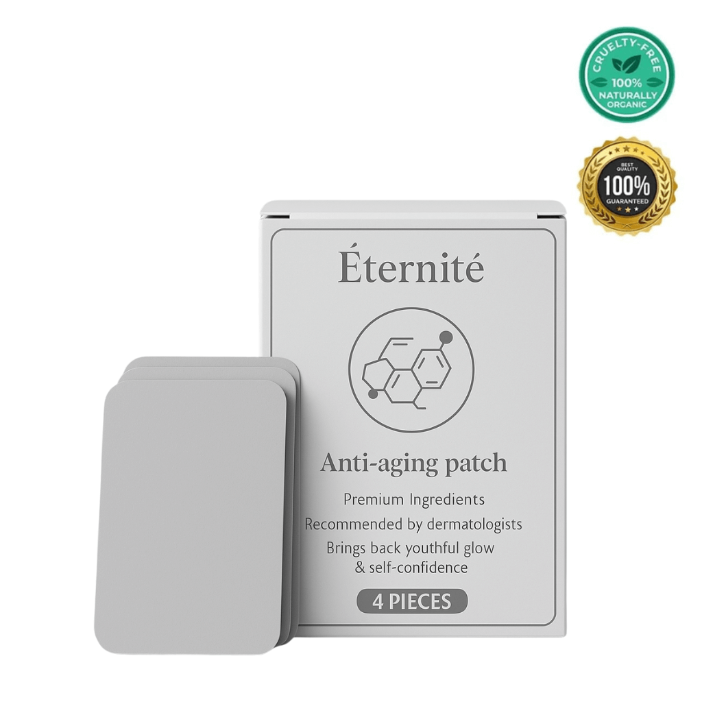 Éternité Anti-Aging Patch package featuring dermatologically recommended skin rejuvenation, cruelty-free and organic ingredients.