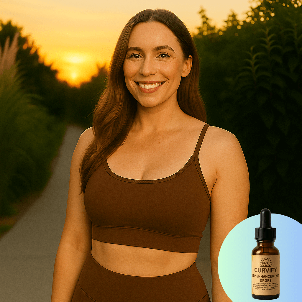 Curvify Hip Enhancement Drops showcased with a woman outdoors, highlighting natural curves and a healthy lifestyle.