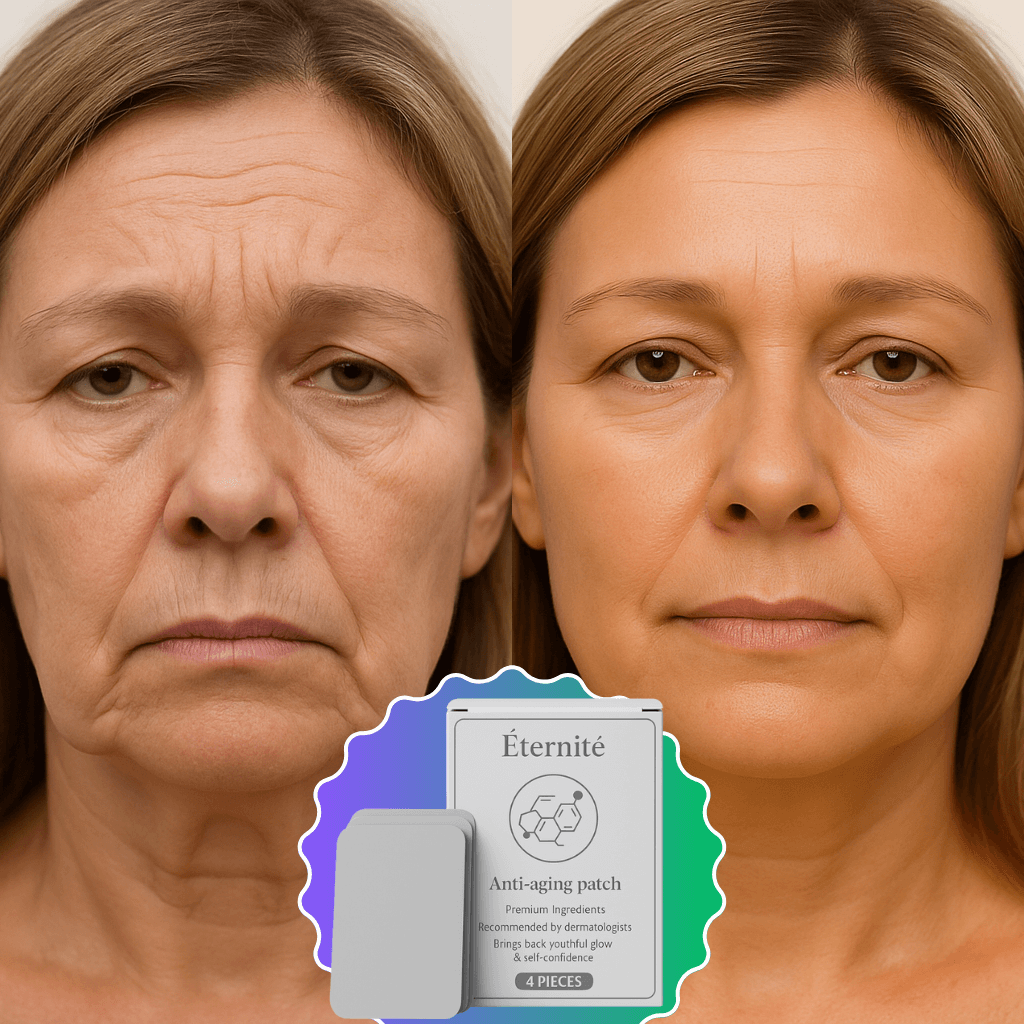 Before and after using Éternité Anti-Aging Patch, showcasing reduced wrinkles and rejuvenated skin.