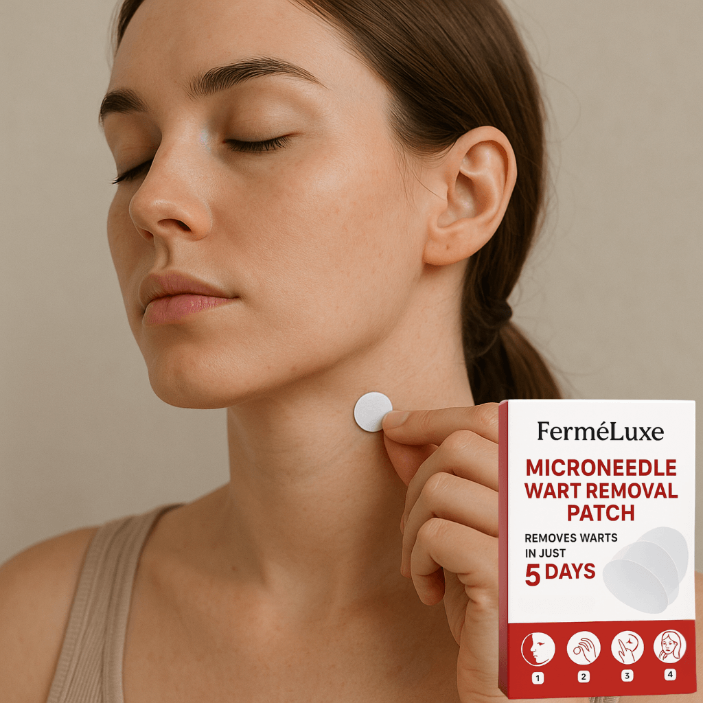 Model applying FerméLuxe microneedle wart removal patch on her neck, showcasing at-home wart treatment.