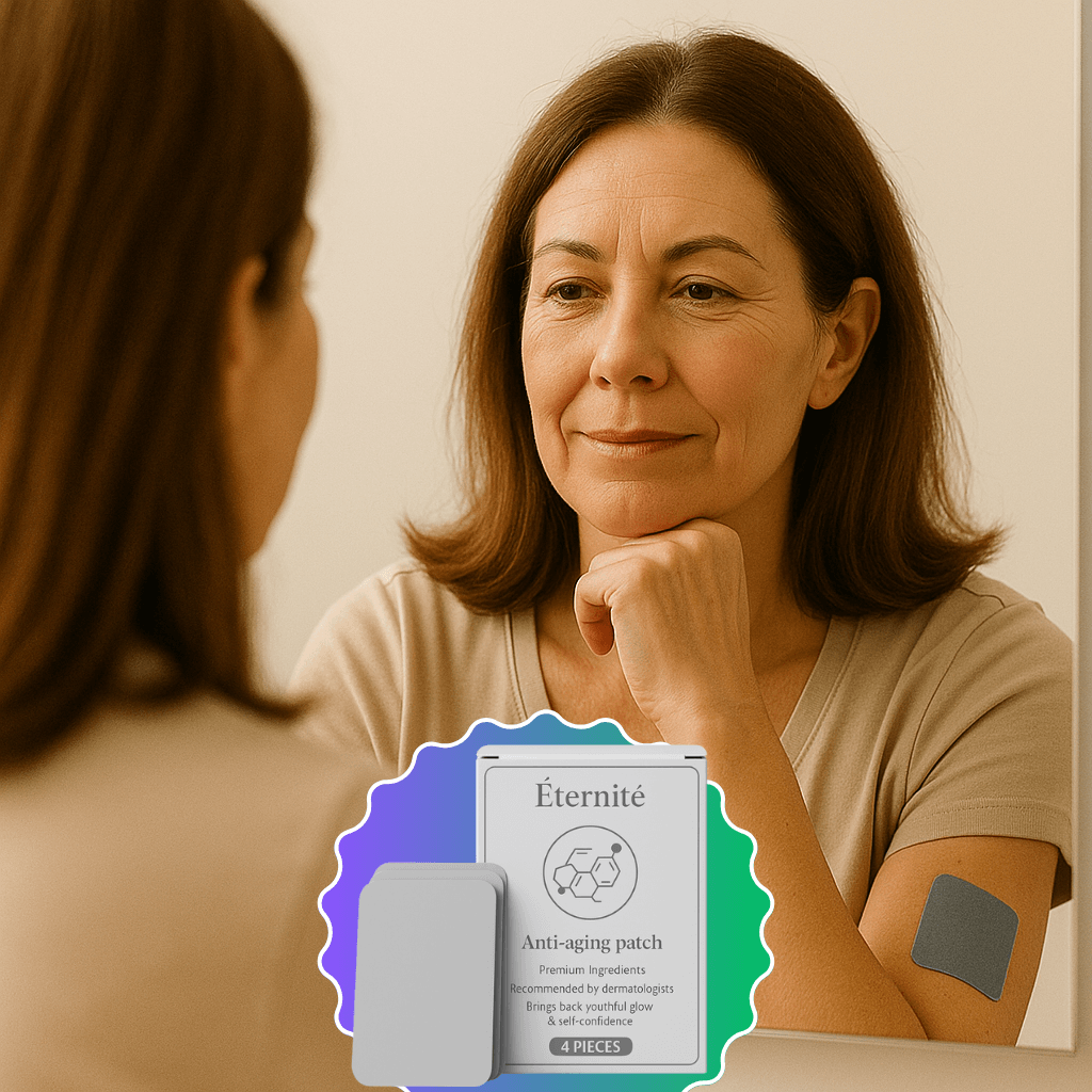 Woman applying Éternité Anti-Aging Patch, a solution to combat aging signs with powerful ingredients.