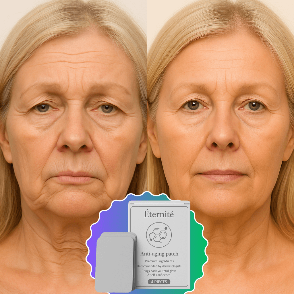 Before and after effect of Éternité Anti-Aging Patch on mature skin, showcasing rejuvenation and smoother appearance.