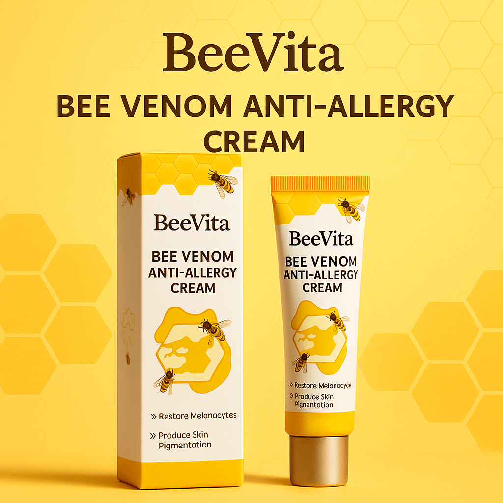 BeeVita Bee Venom Anti-Allergy Cream packaging and tube on a yellow background, promoting skin soothing benefits.