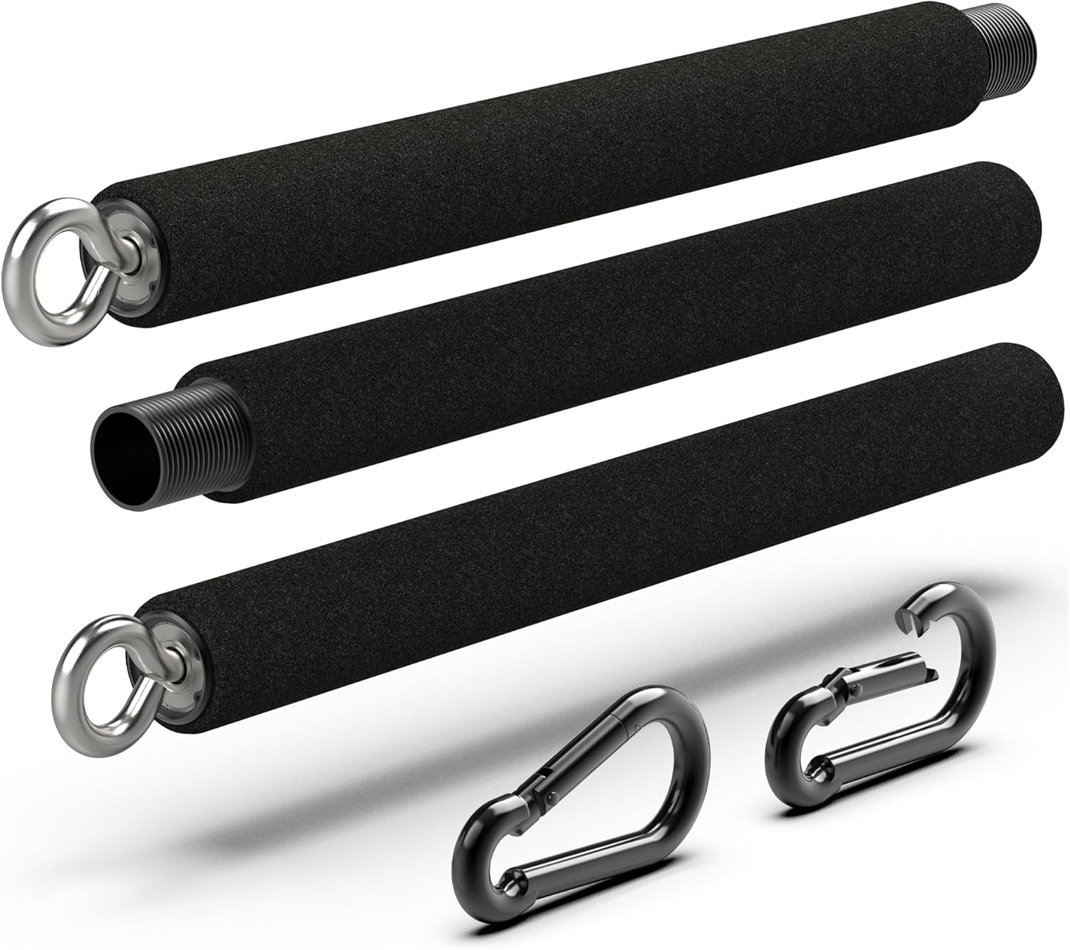 Herbionyx PowerBar™ components including black resistance bar handles and carabiners for versatile strength training.