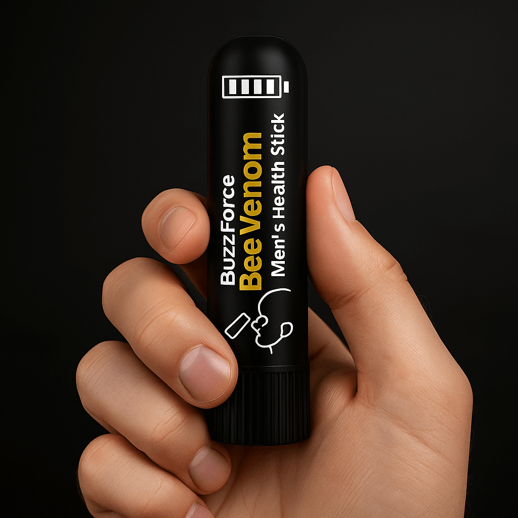 BuzzForce Bee Venom Men's Health Stick held in hand, promoting prostate comfort and energy boost.