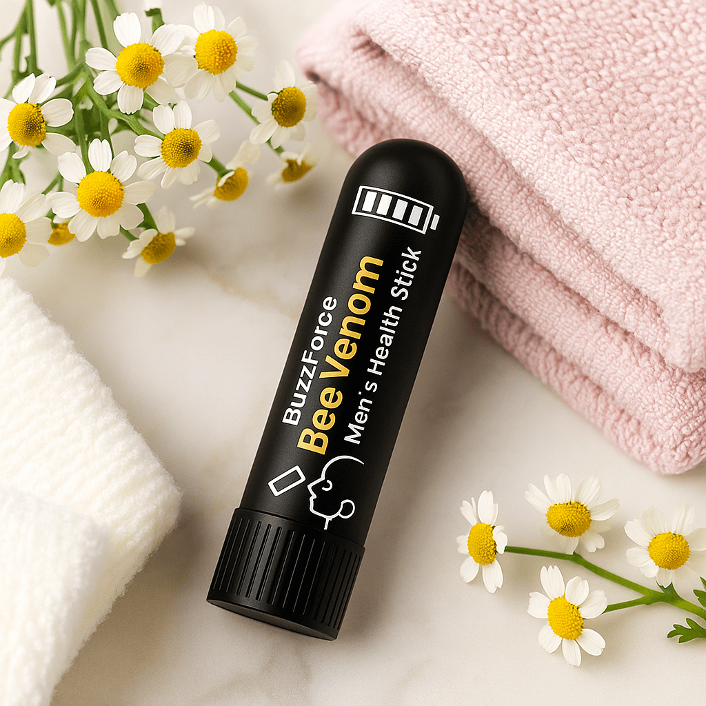 BuzzForce Bee Venom Men's Health Stick on a countertop with towels and daisies, promoting prostate comfort.